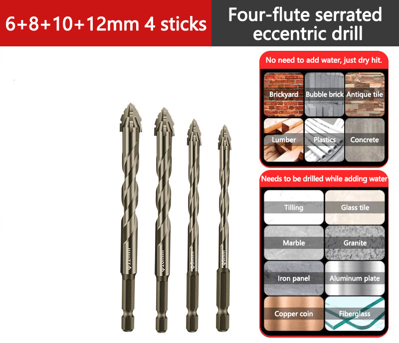 🔥High-Strength 4-Flute Serrated Eccentric Drill Bit Kit - Durable & Versatile for All DIY Projects