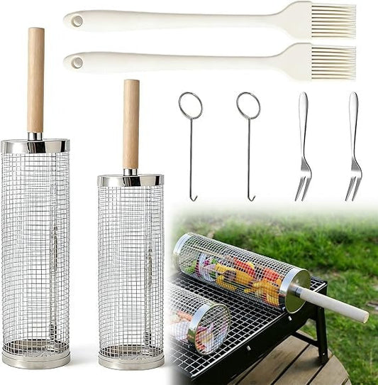 2pcs Rotating Grill Basket | Stainless Steel BBQ Grilling Basket